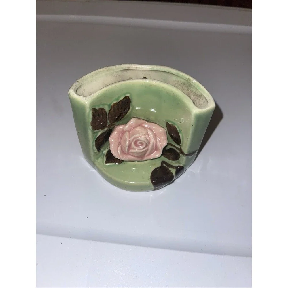 Vintage Corner Pocket Vase Yellow W/ Pink Rose Ceramic Mid Century 4 in x 4.5 In